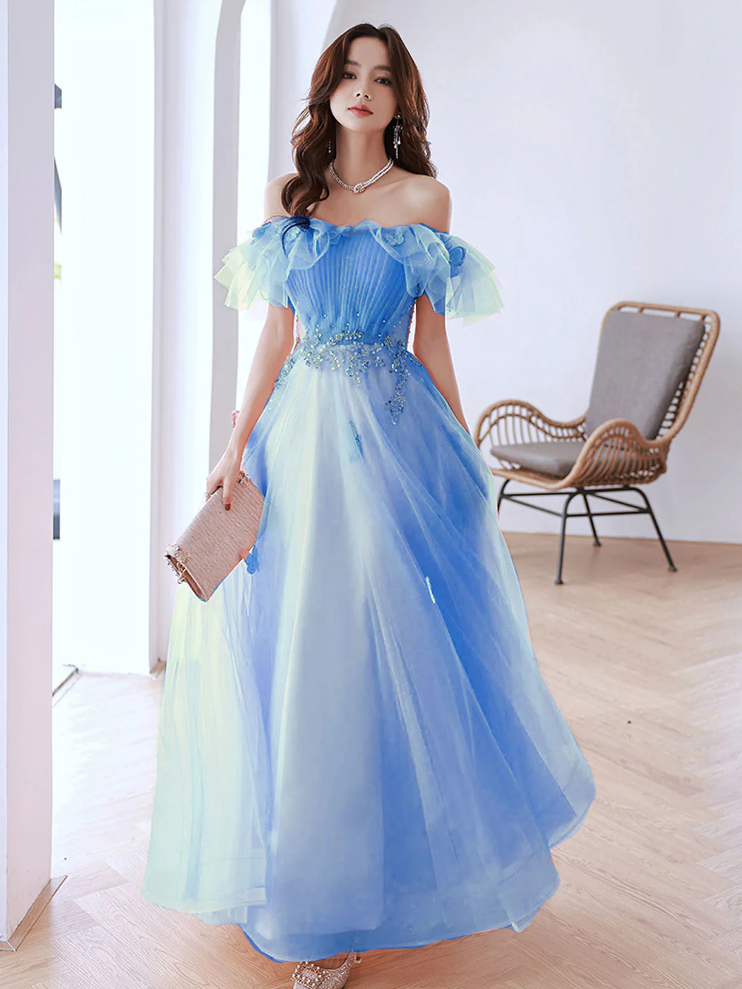 Pink Off Shoulder Tulle Long Prom Dress, Pink Tulle Formal Dress - Deanwangkt