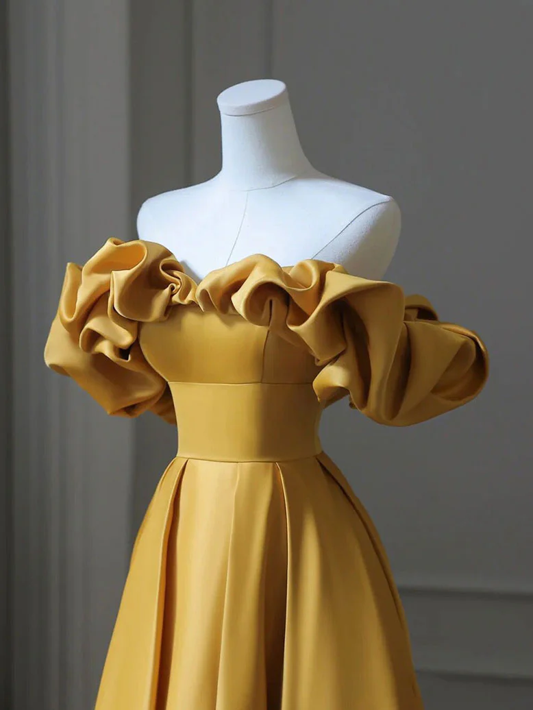 Satin Yellow Long Prom Dress, Aline Formal Yellow Graduation Party Dress - Deanwangkt