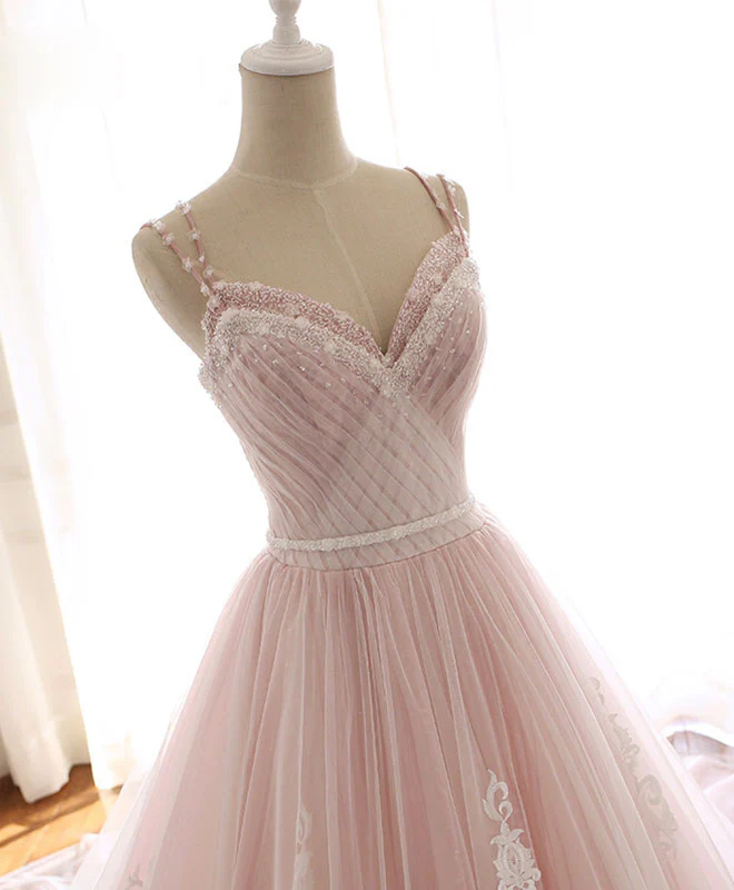 Pink Sweetheart Lace Tulle Long Prom Dress Lace Pink Evening Dress - Deanwangkt