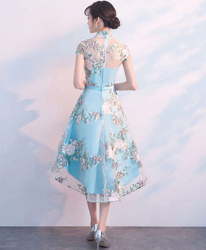 Unique Blue Tulle Embroidery Short Prom Dress, Blue Evening Dress - Deanwangkt