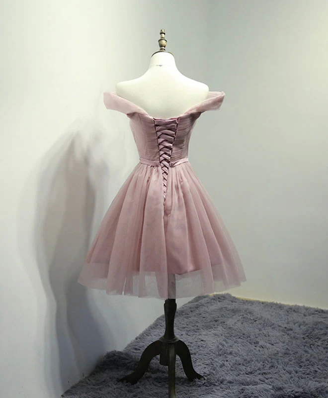 Simple V Neck Tulle Off Shoulder Short Prom Dress Pink Homecoming Dress - Deanwangkt