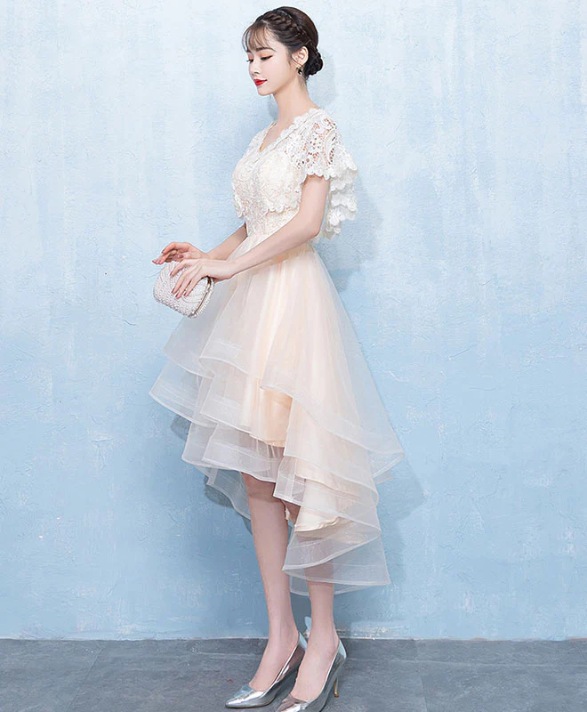 Champagne Tulle Lace Short Prom Dress, Homecoming Dress - Deanwangkt