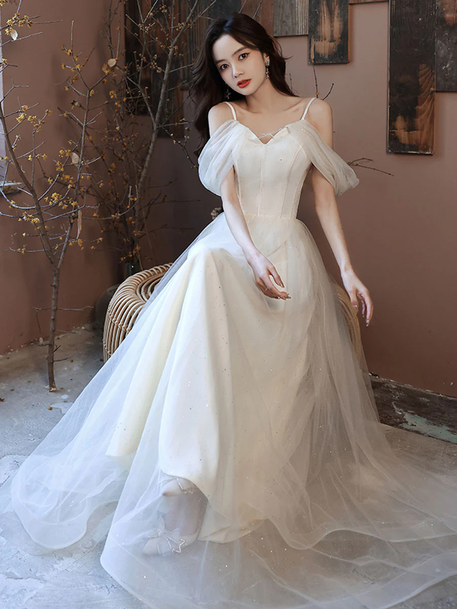 Simple White Off Shoulder Tulle Long Prom Dress, White Formal Dresses - Deanwangkt