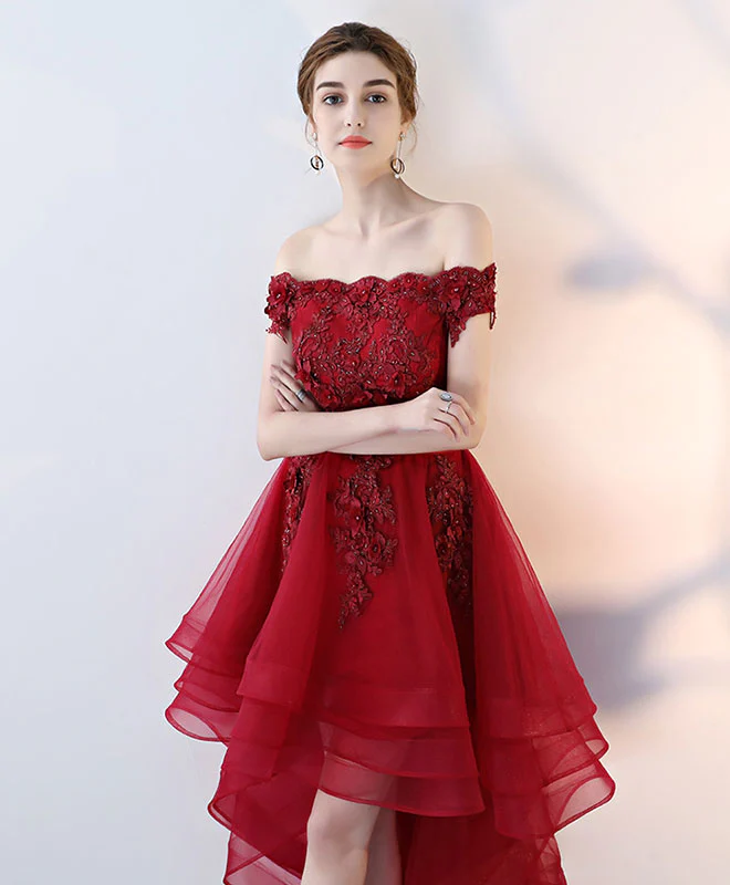 Burgundy Tulle Lace Off Shoulder Prom Dress Tulle Homecoming Dress - Deanwangkt