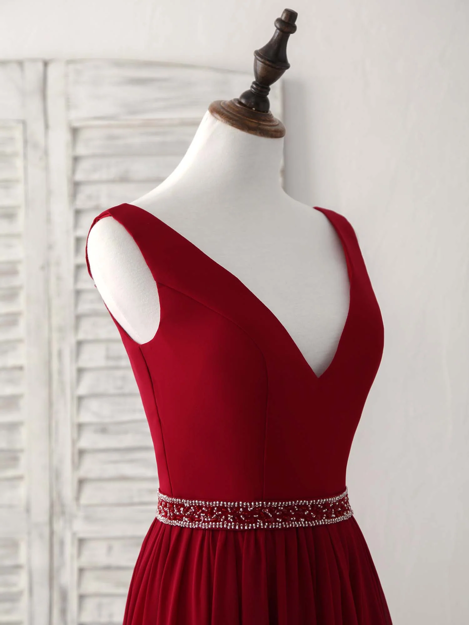 Burgundy Chiffon V Neck Beads Long Prom Dress Burgundy Evening Dress - Deanwangkt