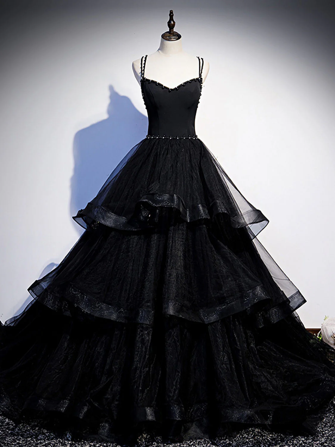 Black V Neck Tulle Long Prom Dress, Black Formal Graduation Dress with Beading - Deanwangkt
