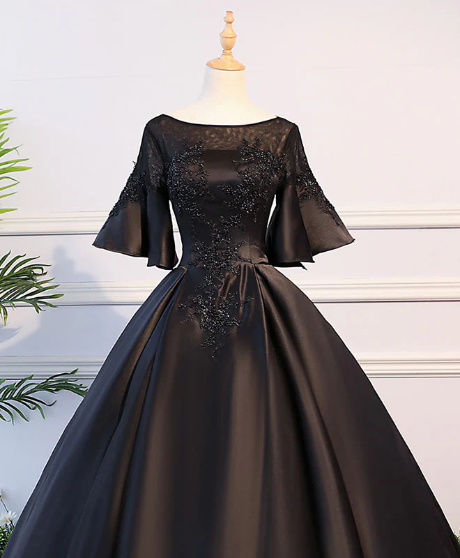 Black Round Neck Satin Lace Long Prom Dress, Sweet 16 Dress - Deanwangkt