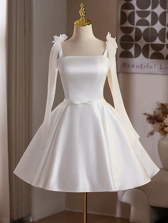 Simple White Satin Short Prom Dress, White Homecoming Dress - Deanwangkt