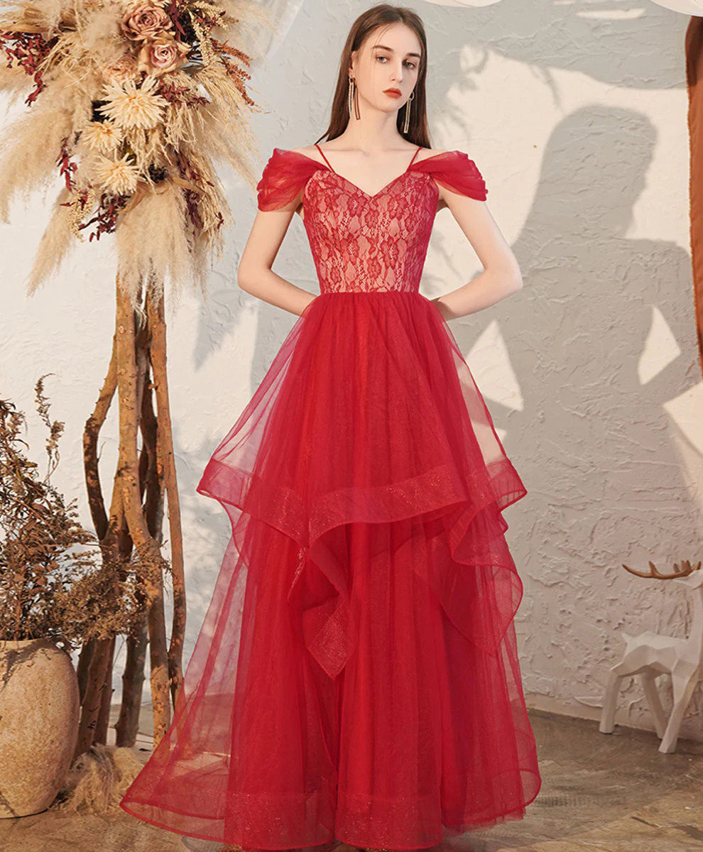 Red V Neck Tulle Ooff Shoulder Long Prom Dress, Red Formal Graduation Dress - Deanwangkt