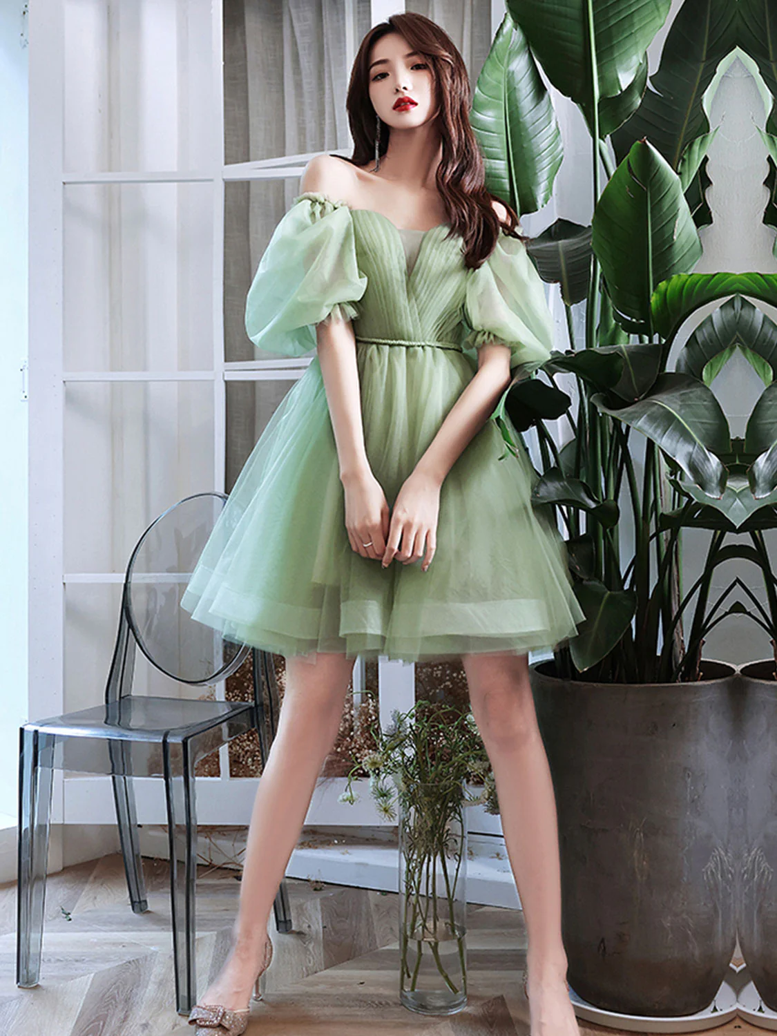 Simple Mini Tulle Short Green Prom Dress, Green Puffy Homecoming Dress - Deanwangkt