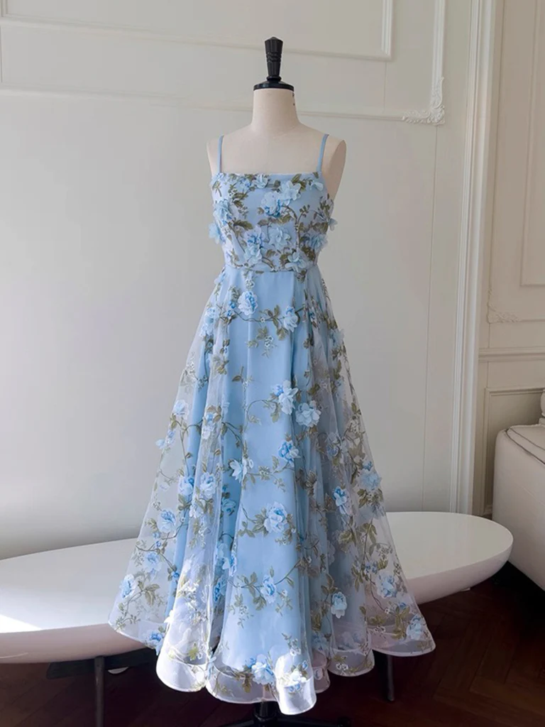 Simple A-Line Tulle 3D Flower Blue Long Prom Dress, Blue Party Dress - Deanwangkt