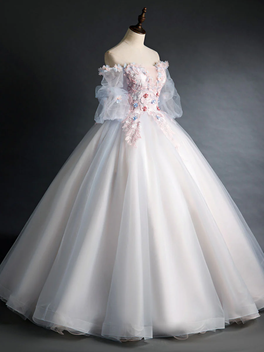 Pink Tulle Lace Applique Long Prom Dress, Tulle Lace Sweet 16 Dress - Deanwangkt