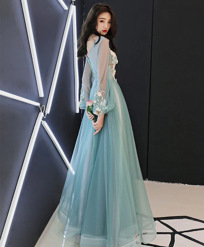 Green Tulle Lace Applique Long Prom Dress, Green Evening Dress - Deanwangkt