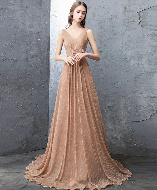 Unique Gold V Neck Tulle Long Prom Dress, Gold Tulle Evening Dress - Deanwangkt