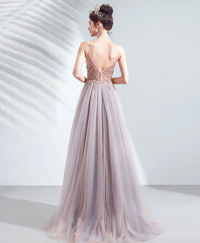 Unique V Neck Tulle Beads Long Prom Dress Tulle Formal Dress - Deanwangkt