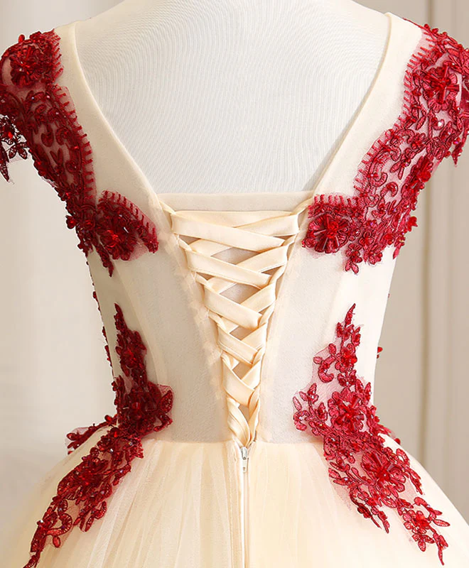 Burgundy Tulle Beads Lace Long Prom Dress Sweet 16 Dress - Deanwangkt