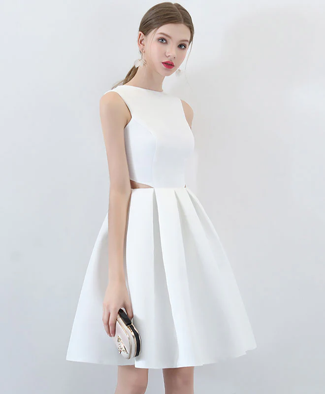 Simple White Satin Short Prom Dress, White Homecoming Dress - Deanwangkt