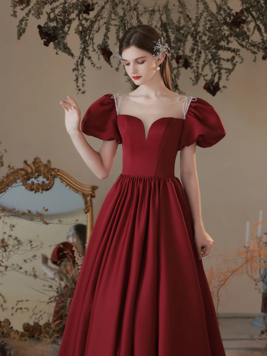 Burgundy A line Satin Long Prom Dress, Burgundy Sweet 16 Dress - Deanwangkt