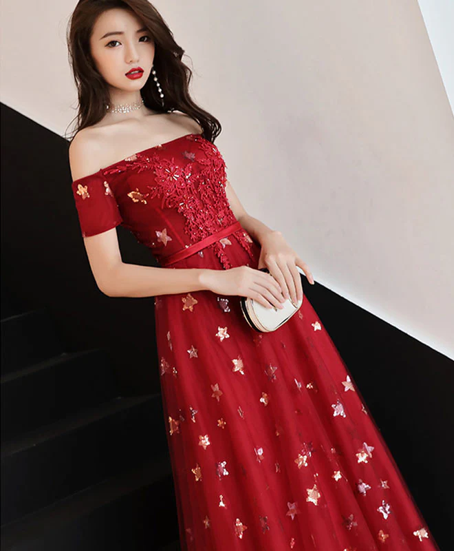 Burgundy Off Shoulder Tulle Long Prom Dress, Burgundy Evening Dress - Deanwangkt