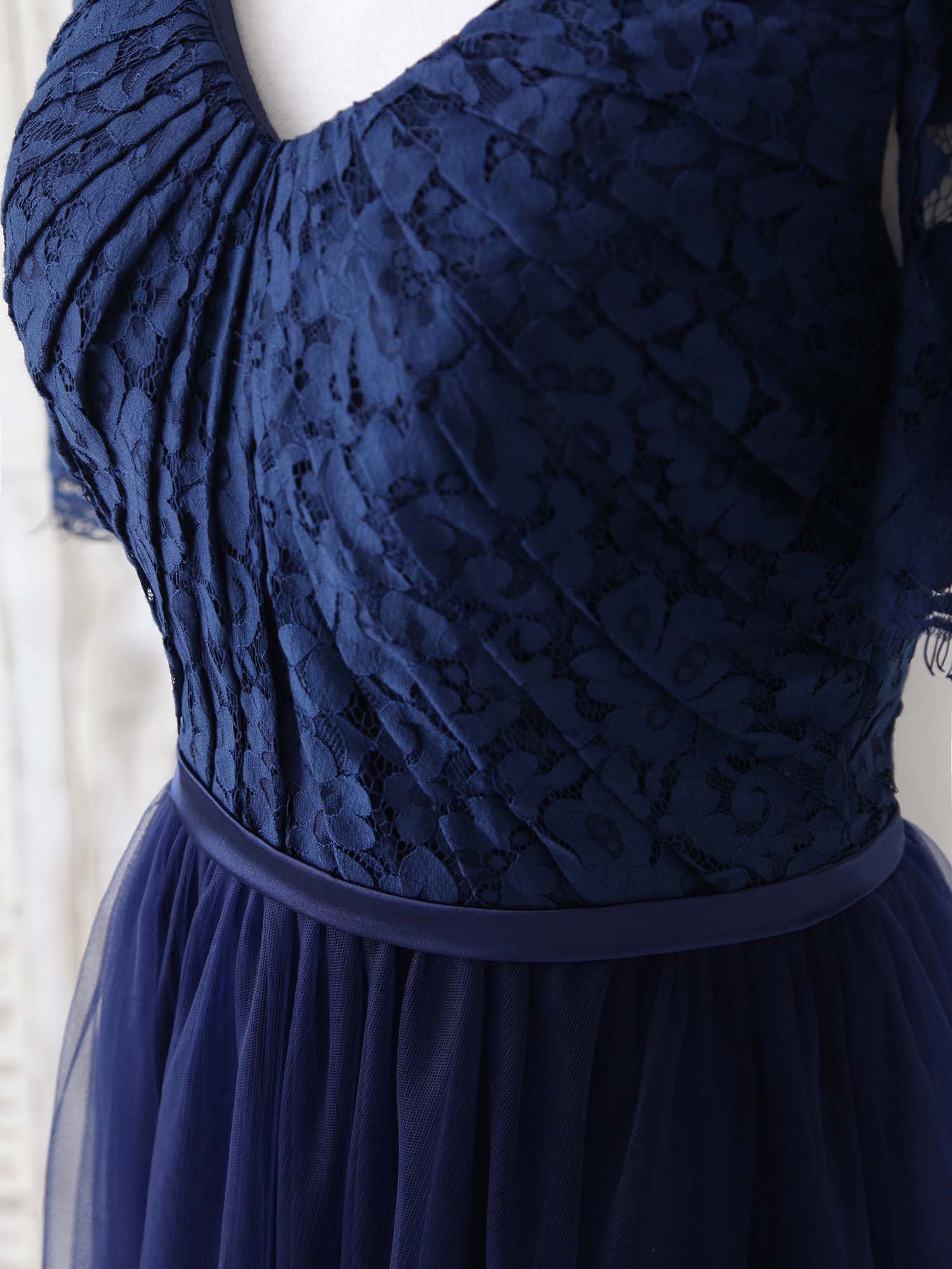 Dark Blue A-Line Lace Tulle Long Prom Dress Blue Evening Dress - Deanwangkt