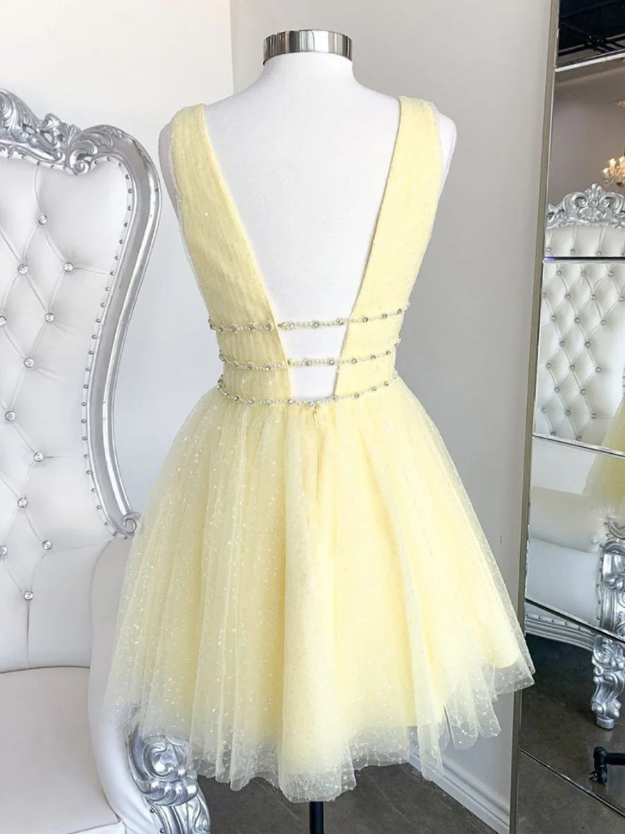 Cute Yellow V Neck Tulle Beads Short Prom Dress Yellow Homecoming Dress - Deanwangkt
