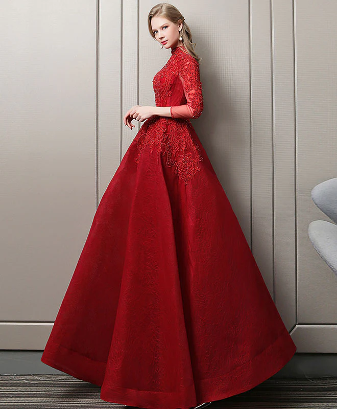 Burgundy Lace Long Prom Dress, Burgundy Evening Dress - Deanwangkt