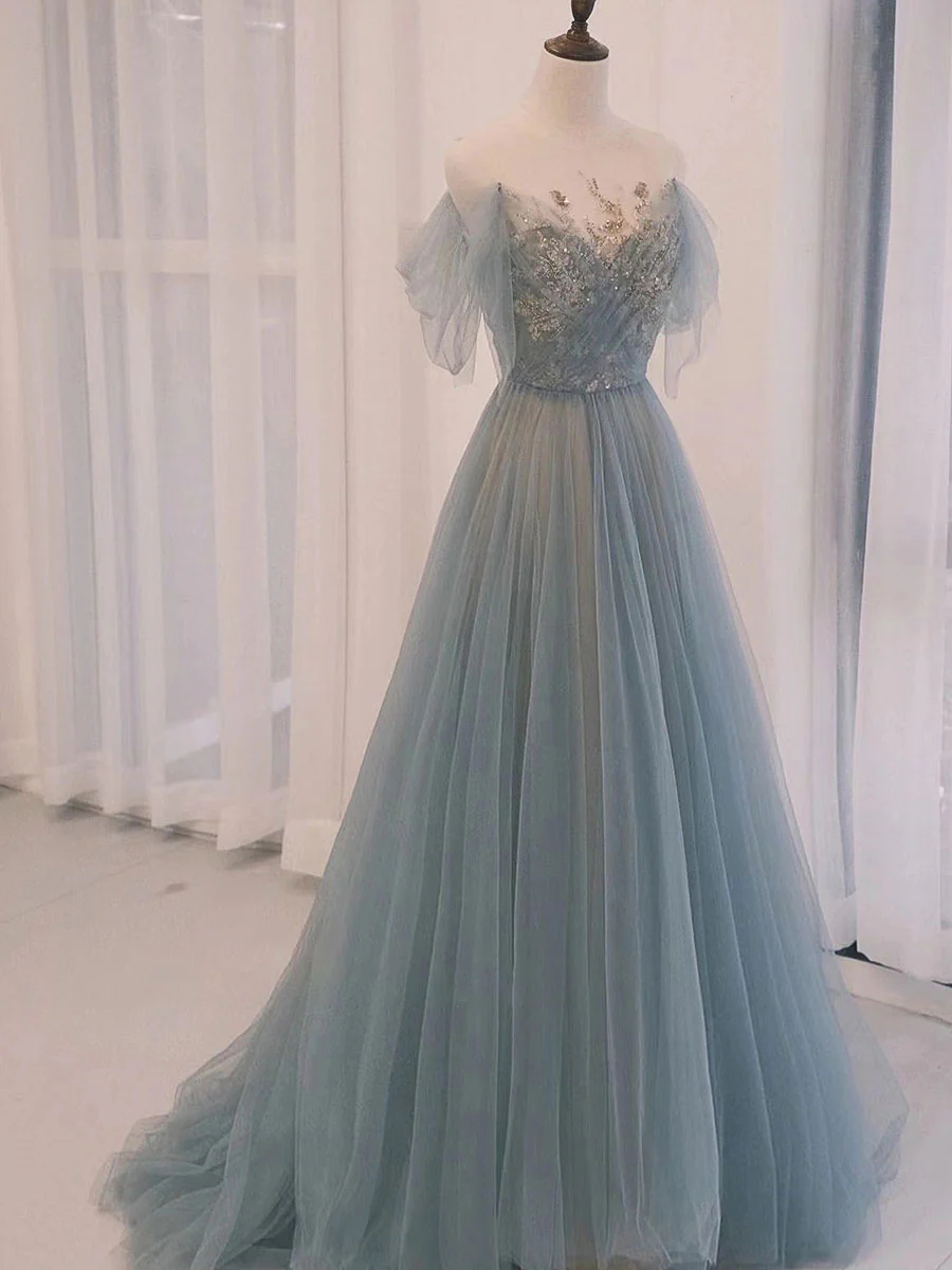 A-Line Scoop Neckline Tulle Gray Blue Long Prom Dress with Sequin - Deanwangkt