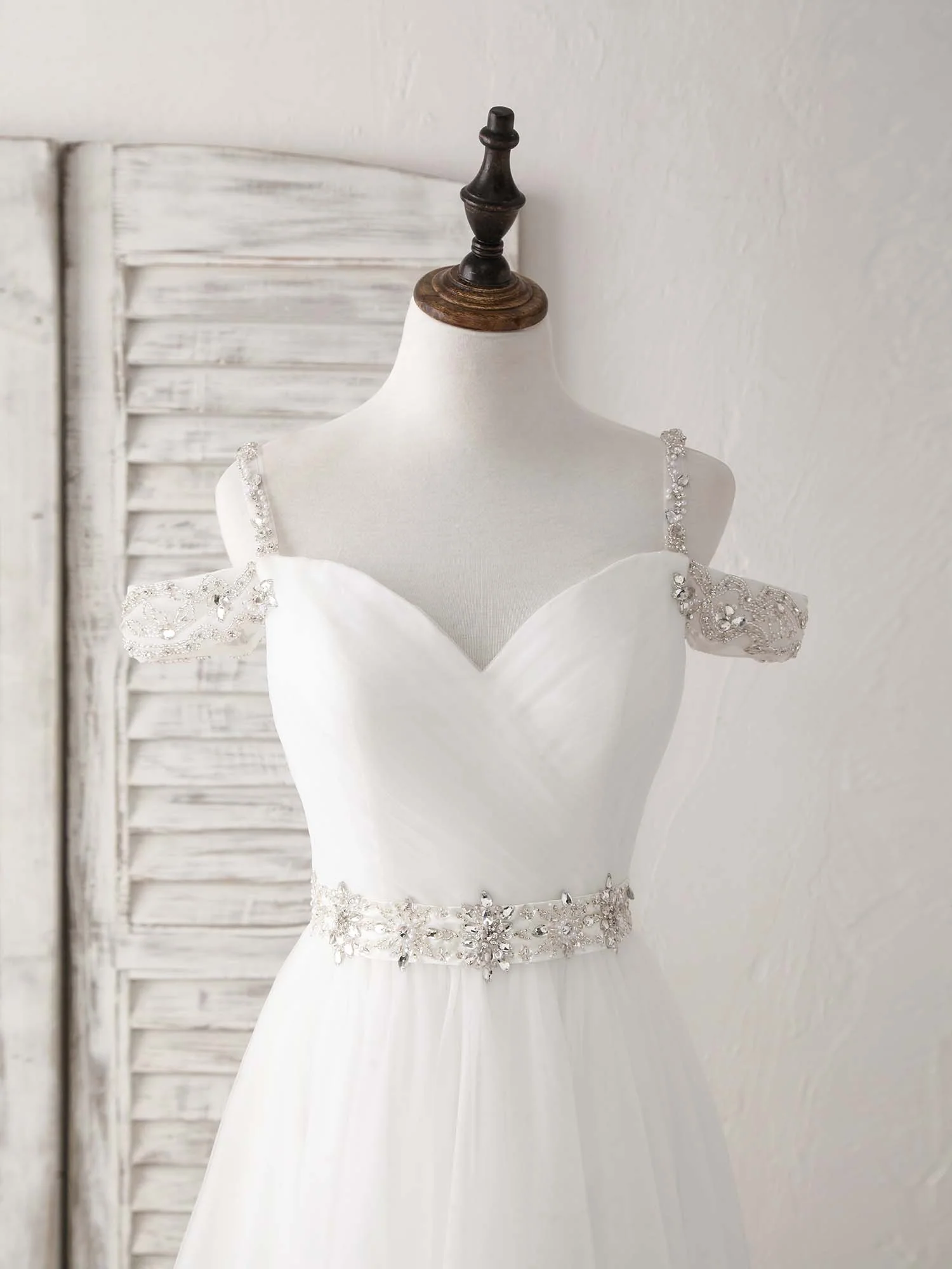 White Off Shoulder Tulle Beads Long Prom Dress White Evening Dress - Deanwangkt