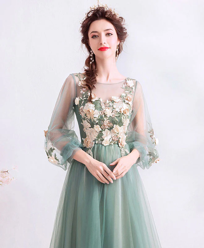 Green Round Neck Tulle Lace Long Prom Dress, Green Bridesmaid Dress - Deanwangkt