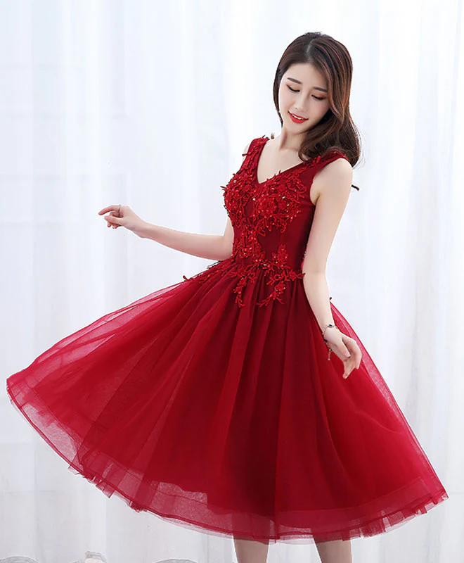 Burgundy V Neck Tulle Short Prom Dress, Lace Evening Dress - Deanwangkt