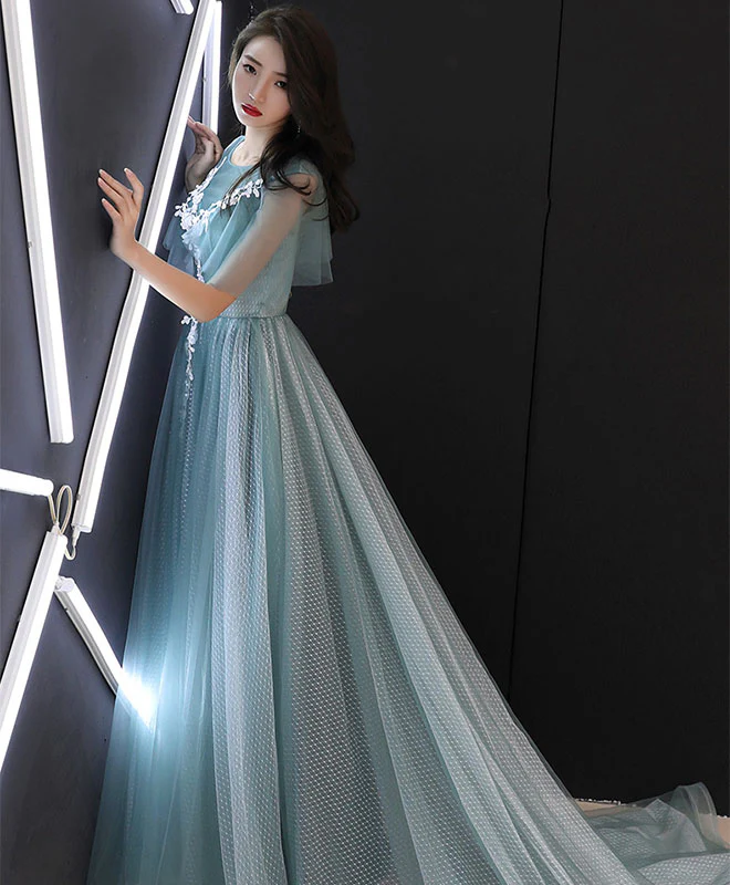 Green Round Neck Tulle Lace Long Prom Dress, Green Evening Dress - Deanwangkt