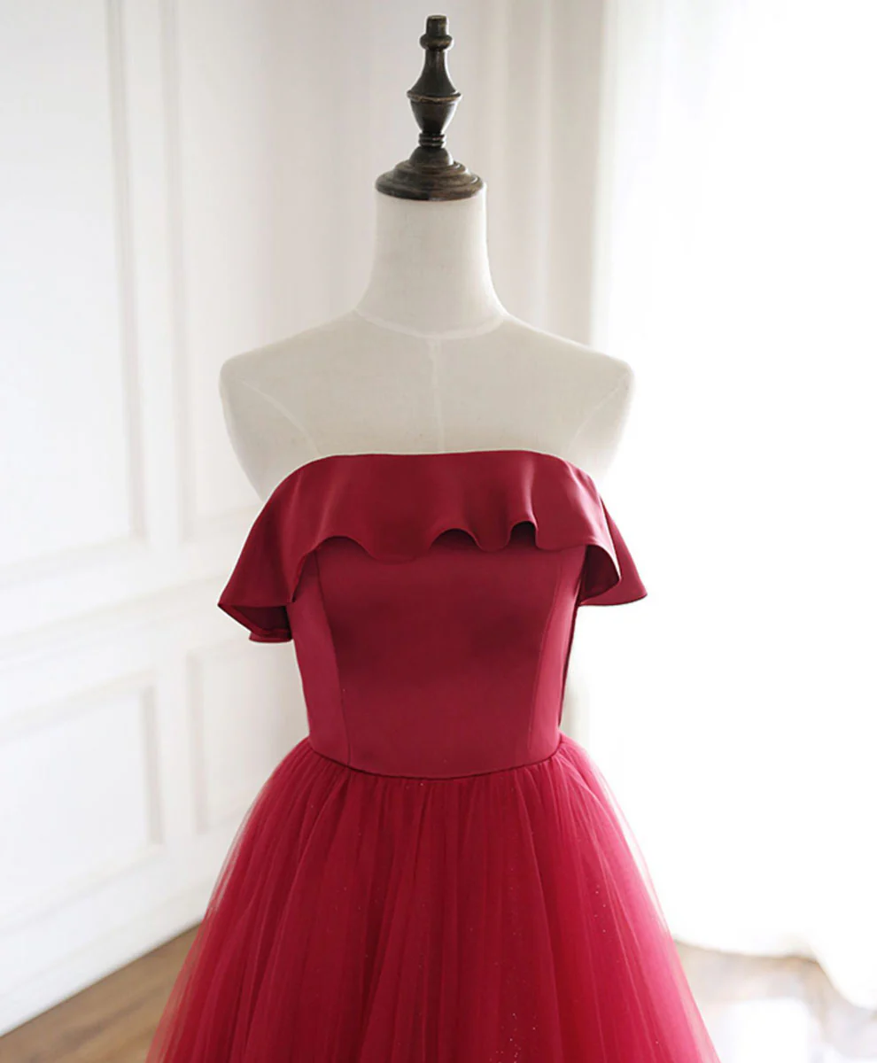 Burgundy Tulle Long Prom Dress, A line Burgundy Formal Party Dress - Deanwangkt