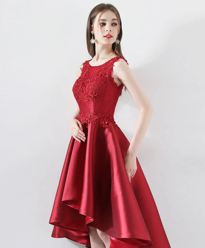 Burgundy Round Neck Lace Prom Dress, Burgundy Bridesmaid Dress - Deanwangkt