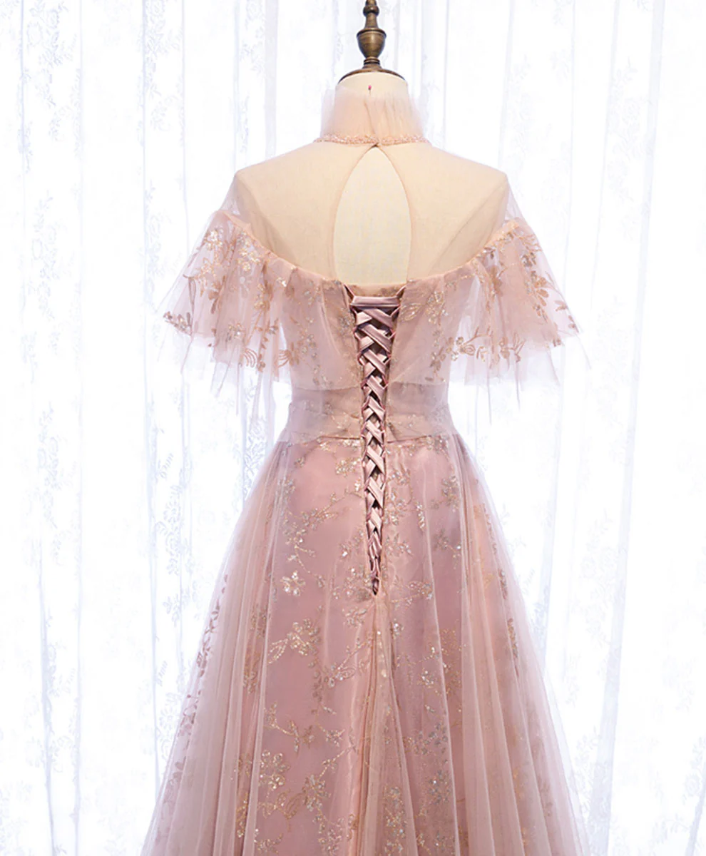 Pink Tulle Lace Long Prom Dress Pink Tulle Formal Dress - Deanwangkt