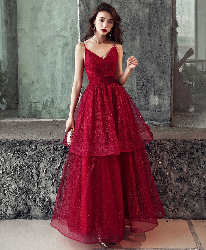 Burgundy V Neck Tulle Long Prom Dress, Shiny Burgundy Evening Dress - Deanwangkt