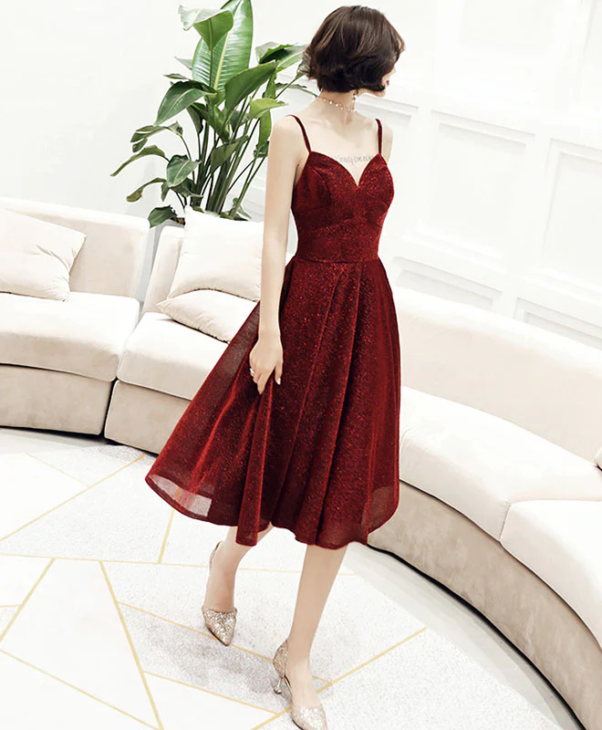 Simple V Neck Tulle Sequin Short Prom Dress, Burgundy Homecoming Dress - Deanwangkt