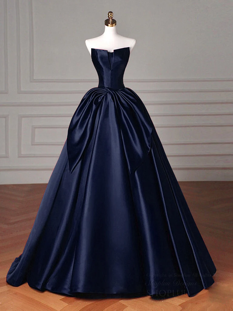 A-Line Off Shoulder Satin Dark Blue Long Prom Dress, Dark Blue Long Formal Dress - Deanwangkt