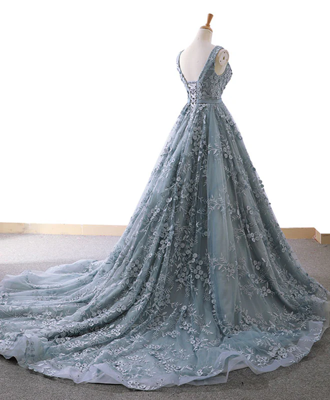 Gray Blue Tulle Lace Long Prom Dress Gray Blue Lace Evening Dress - Deanwangkt