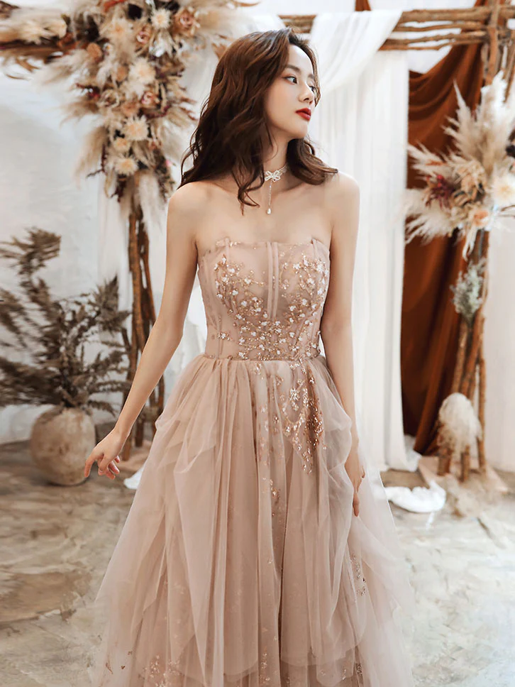 A-line Champagne Tulle Lace Long Prom Dress Lace Evening Dress - Deanwangkt