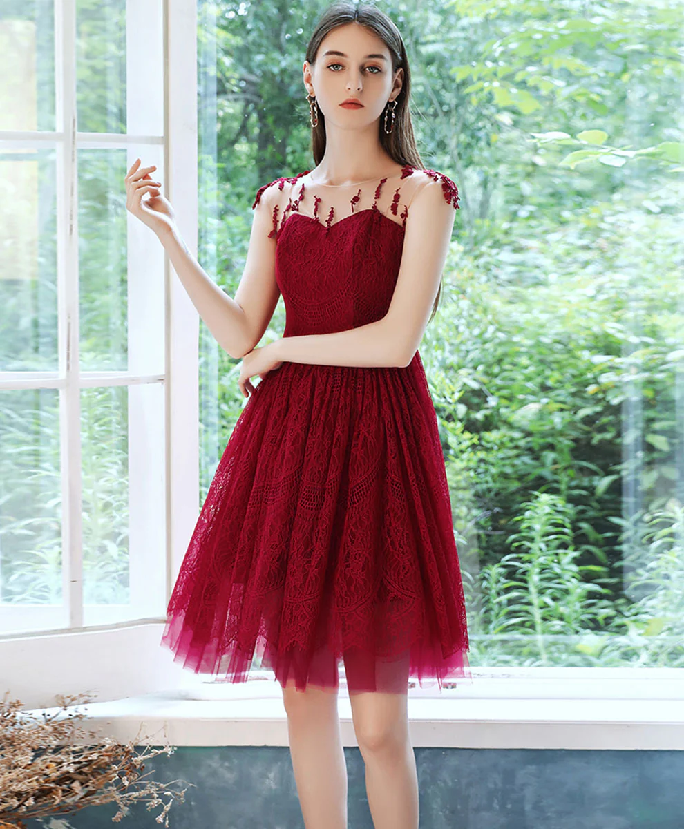 Burgundy Short Prom Dress, Burgundy Homecoming Dress with Beading Sequin - Deanwangkt