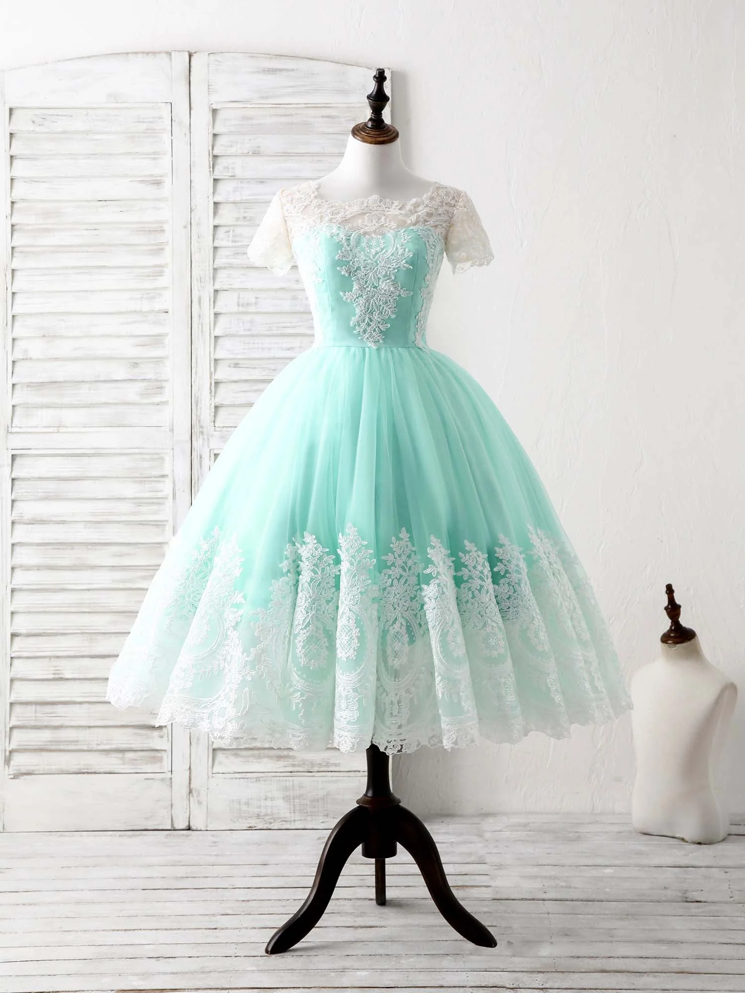 Blue Tulle Lace Short Prom Dress Blue Bridesmaid Dress - Deanwangkt