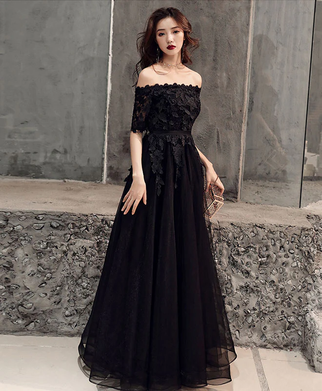 Black Tulle Lace Long Prom Dress, Black Tulle Evening Dress - Deanwangkt