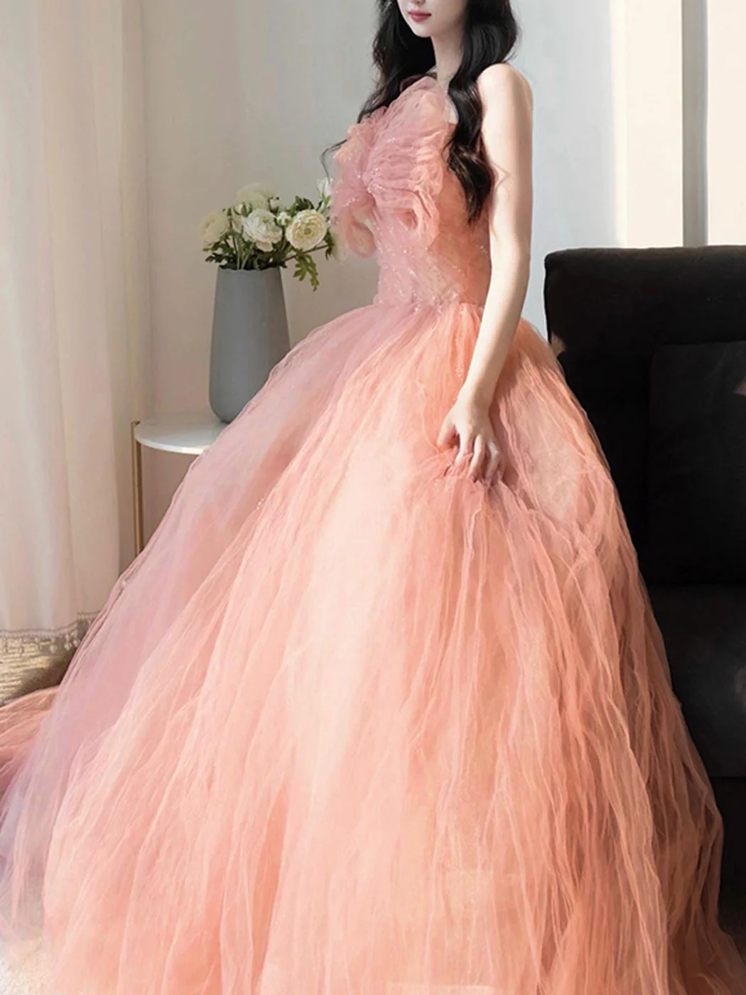 A line Pink Long Prom Dresses, Tulle Long Formal Graduation Dresses With Sequin Beading - Deanwangkt