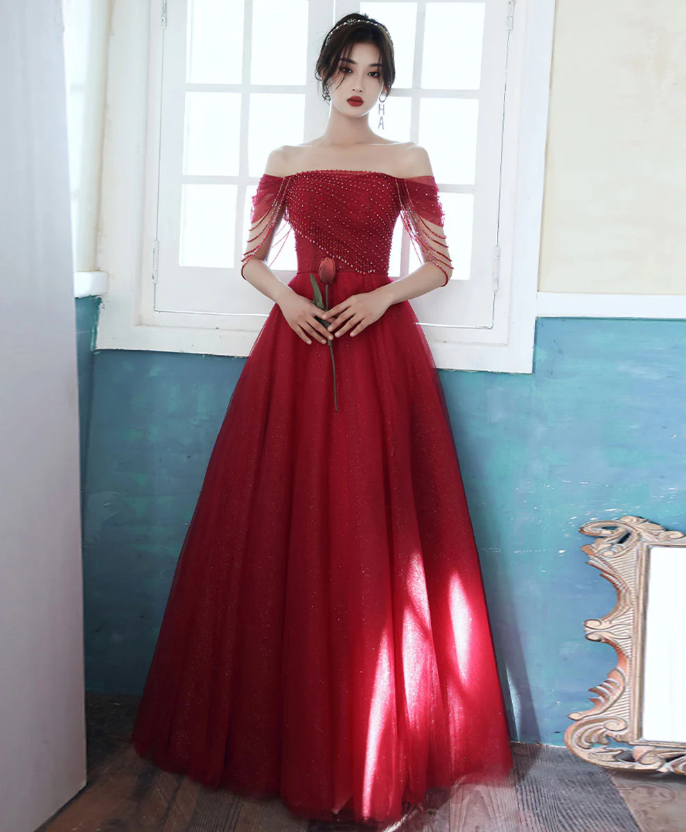 Burgundy Tulle Off Shoulder Long Prom Dress, Burgundy Graduation Dress with Beading - Deanwangkt