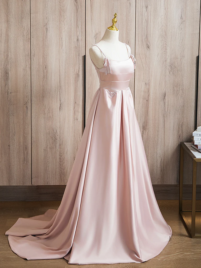 A-Line Beads Satin Pink Long Prom Dress, Pink Long Formal Dress - Deanwangkt