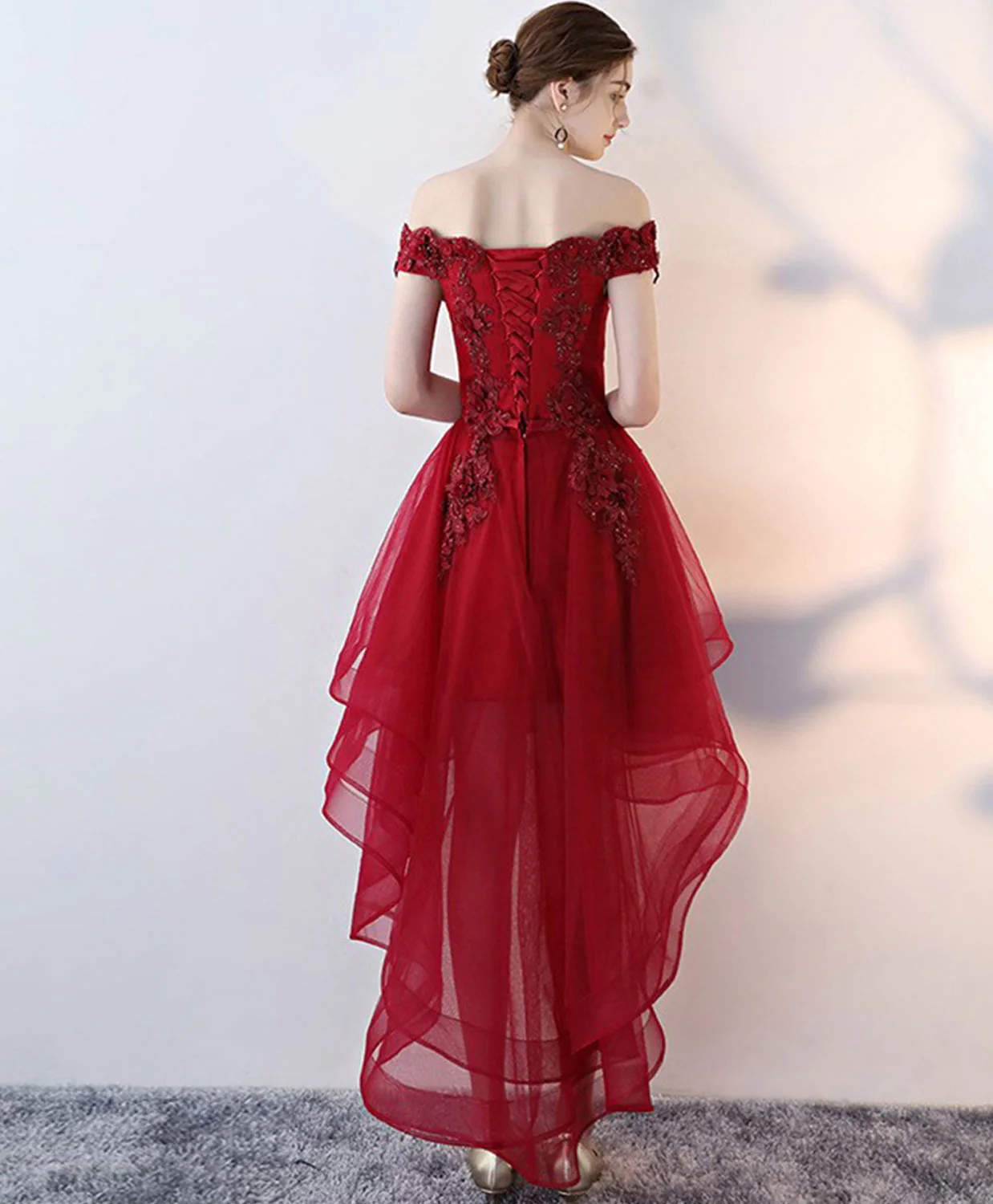 Burgundy High Low Tulle Lace Long Prom Dress, Lace Evening Dress - Deanwangkt