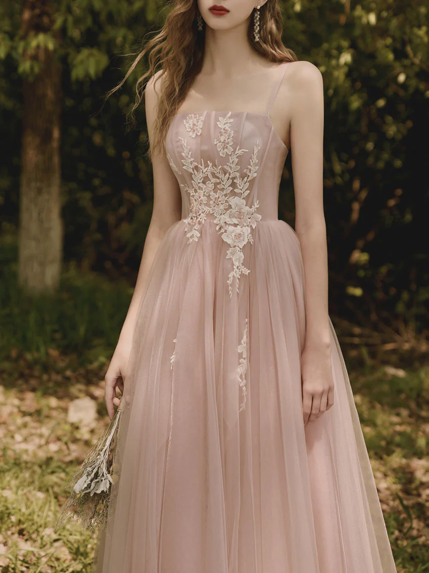 Pink Tulle Lace Tea Length Prom Dress, Lace Evening Dress - Deanwangkt