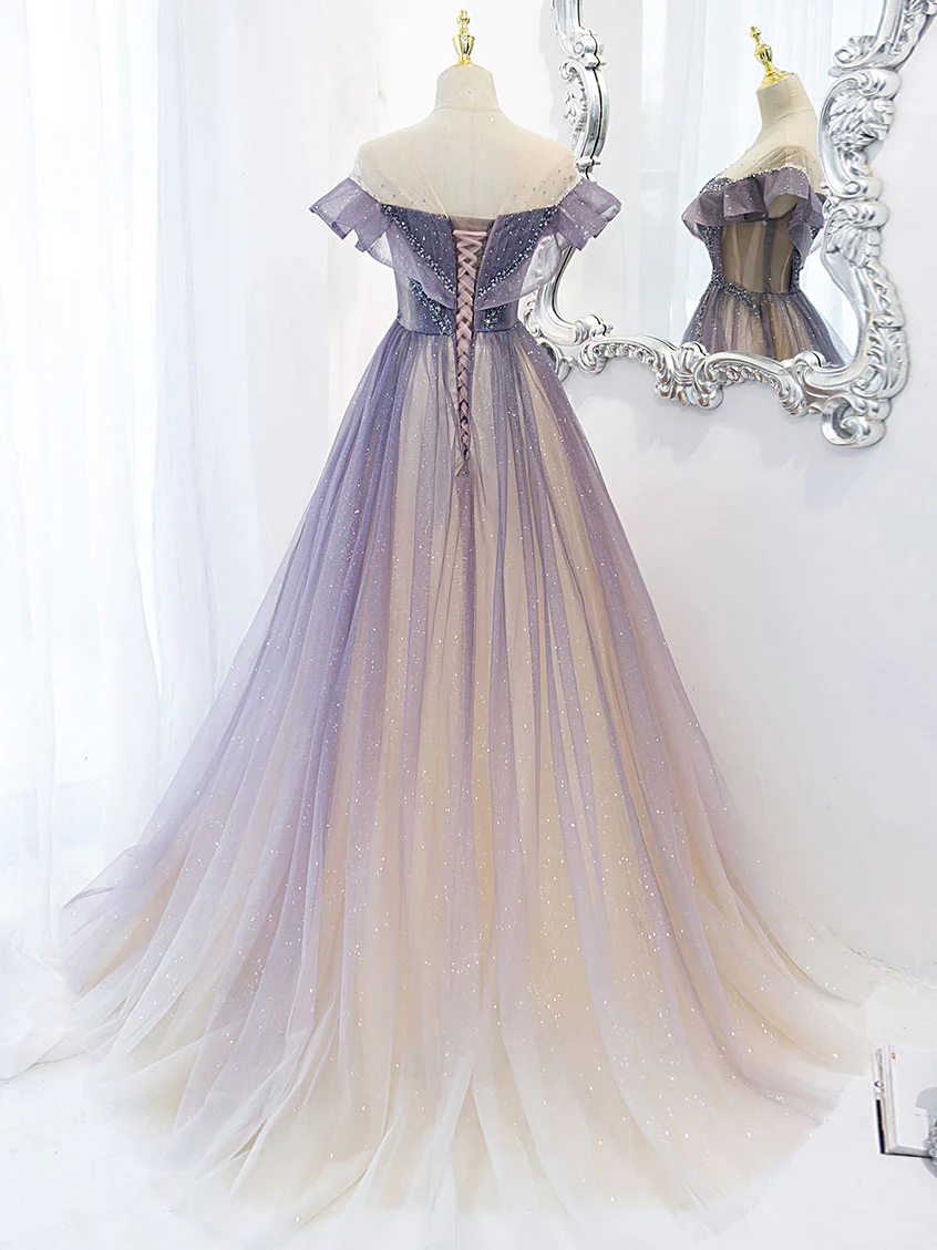Purple Off Shoulder Tulle Sequin Long Prom Dress, Purple Evening Dress - Deanwangkt
