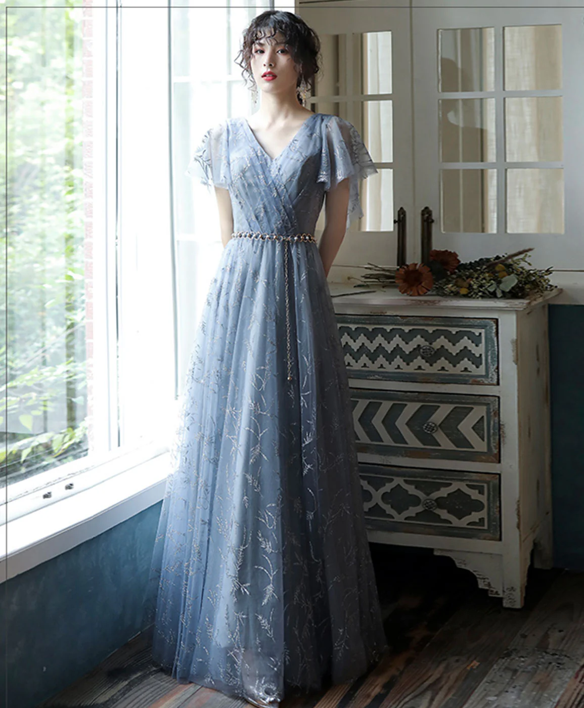 Gray Blue V Neck A-Line Tulle Long Prom Dress Gray Blue Tulle Formal Dress - Deanwangkt