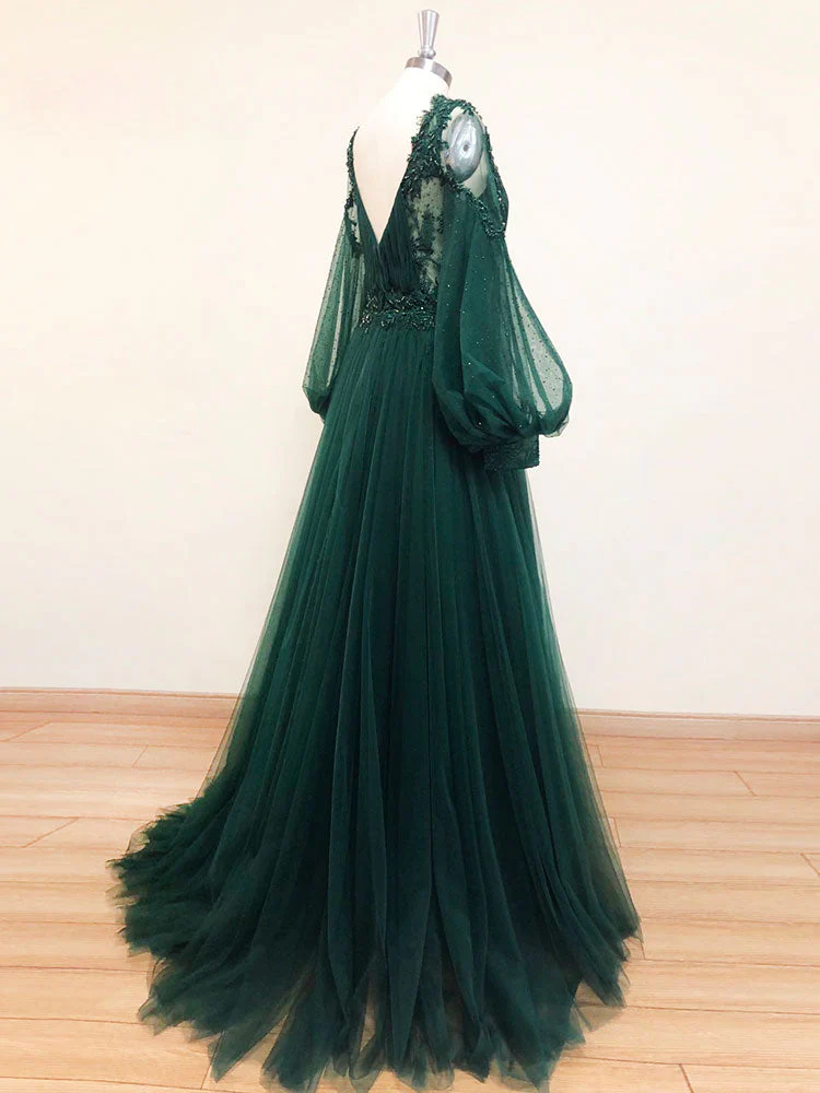A-Line V Neck Tulle Lace Green Long Prom Dress, Green Formal Evening Dresses - Deanwangkt